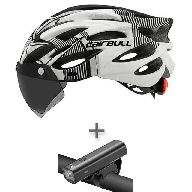 Casque Cairbull avec visière et feu arrière plus ensemble de phares de vélo Rockbros 400 lumens