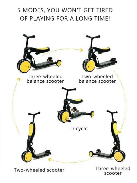 Trottinette cinq en un pour enfants Uonibaby, adaptée aux enfants de 2 à 6 ans, trottinette et voiture d'équilibre en un