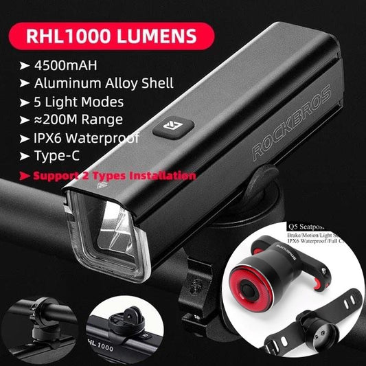 Rockbros RHL-1000 Lumens Q5 Smart Tail Light Ensemble de feux avant et arrière Head Rear Light Bundle