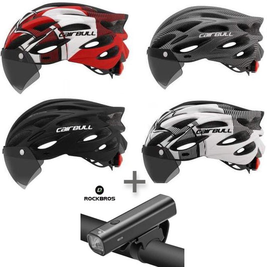 Casque Cairbull avec visière et feu arrière plus ensemble de phares de vélo Rockbros 400 lumens