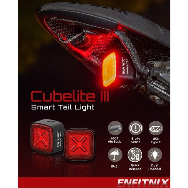 Enfitnix Cubelite III Feu arrière de vélo intelligent Frein à induction Chargement USB Feu arrière intelligent Chargement USB